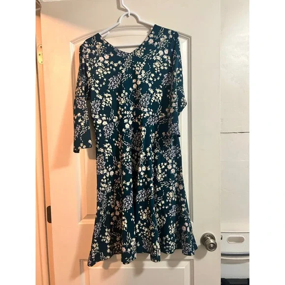 Pact Womens Organic Cotton Floral Fit and Flare Dress Teal 3/4 Sleeve Large - Picture 6 of 6